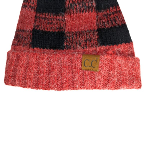 C.C. NWT Fleece Lined Red Plaid Fuzzy Ball Winter Hat Beanie - Picture 4 of 8